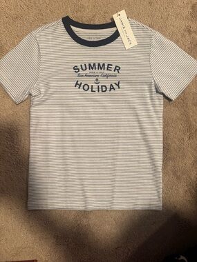 Janie and Jack White Tee with Navy Stripes and Navy Trim